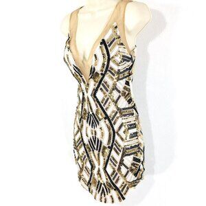 NWT PEPPERMAYO Mini Dress Sz 6 Sequin Bodycon Sheath Illusion V Neck Zipper